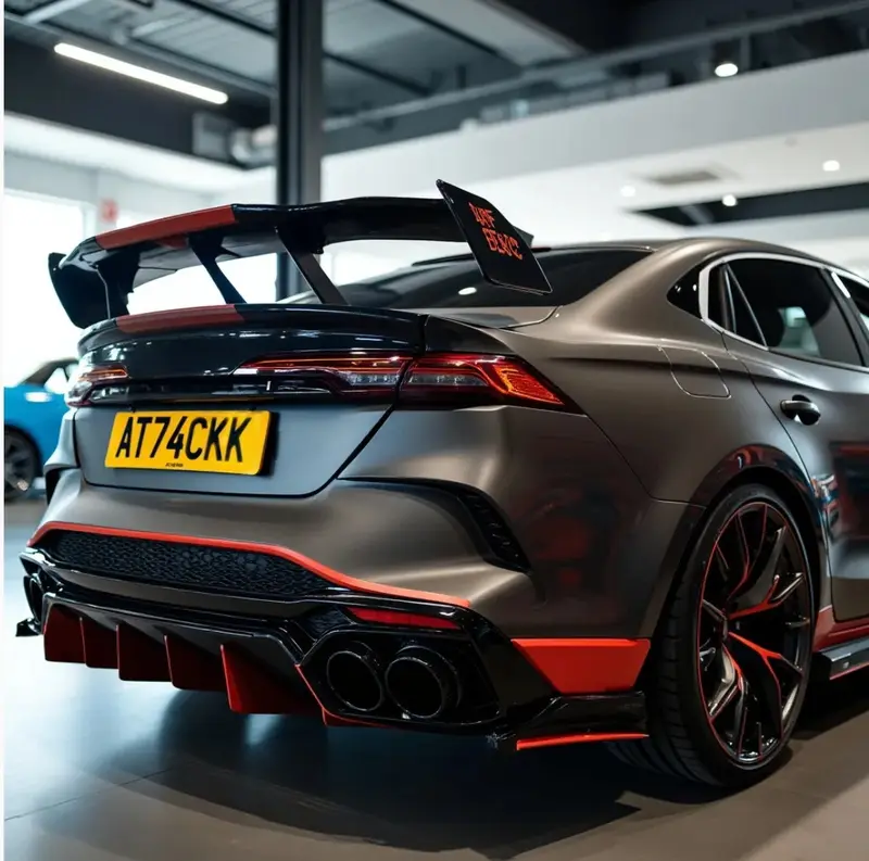 Matte grey performance car with red details wearing the registration AT74 CKK