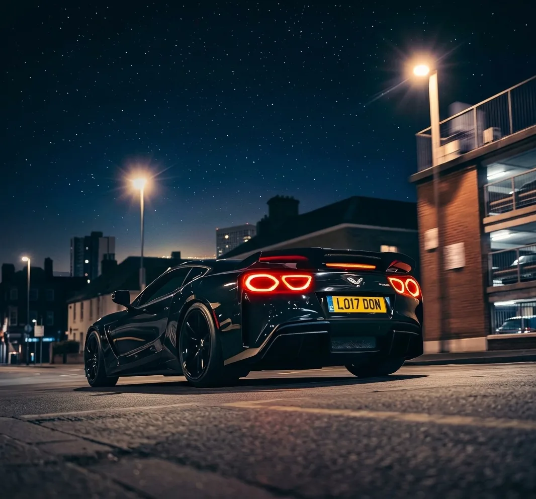 A black supercar parked under street lamps at night, its yellow rear plate catching the light