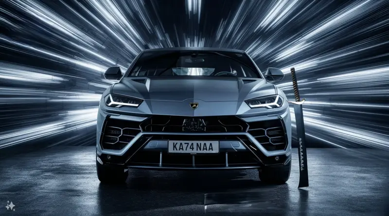 Grey Lamborghini Urus wearing the registration KA74 NAA, a katana standing beside it