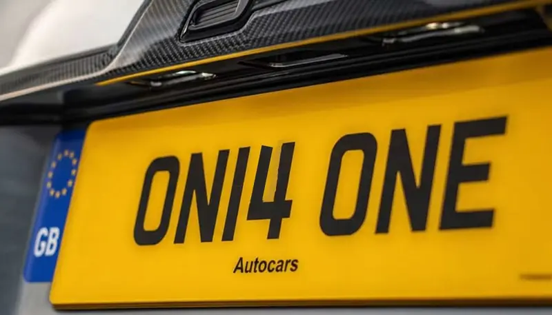Close-up of the rear number plate ON14 ONE