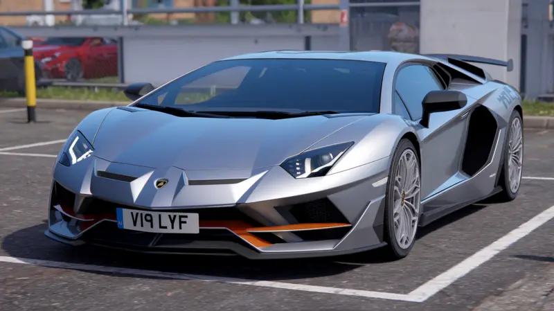 Grey Lamborghini Aventador with orange details wearing the registration V19 LYF