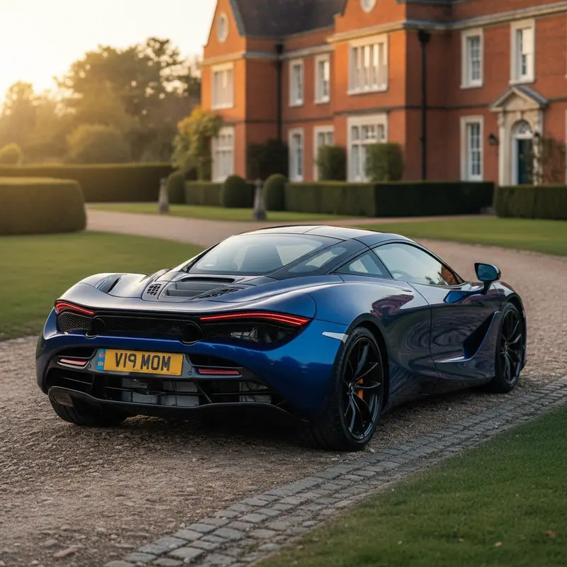 Blue McLaren outside a Georgian house at golden hour wearing the registration V19 MOM