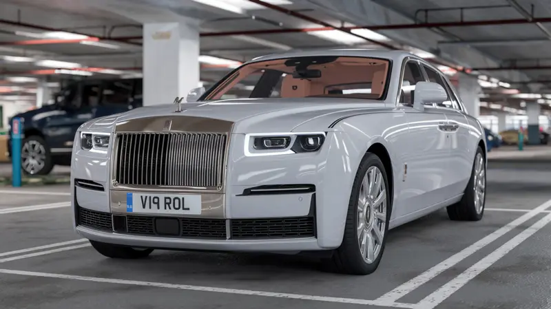 White Rolls-Royce in a car park wearing the registration V19 ROL