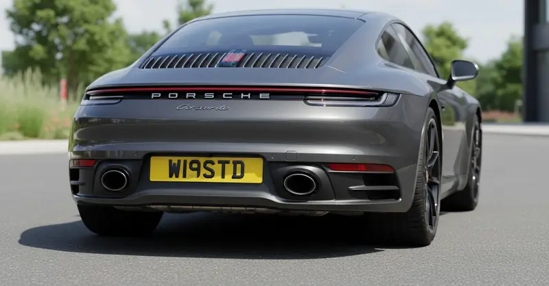 Grey Porsche 911 seen from behind wearing the registration W19 STD