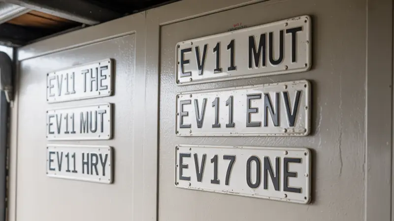 Pressed metal number plates from the collection mounted on a garage wall